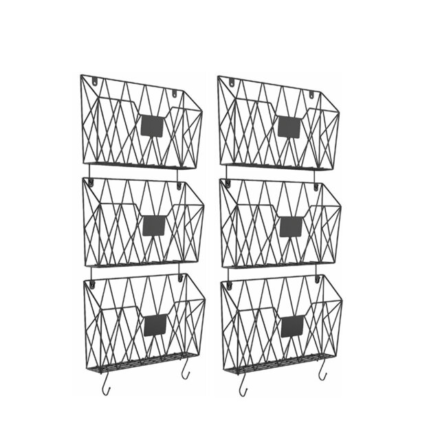 Wall File Organizer & Wall File Holder and Basket Set of 6, Hanging File Rack with Hooks, Metal Black
