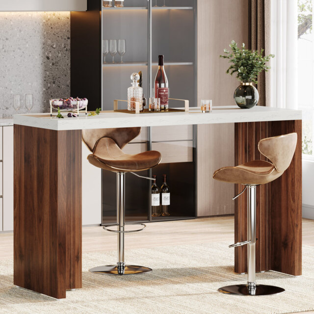140 cm Breakfast Bar Table with a Faux Marble Finished Tabletop, Walnut & White