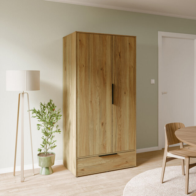Contemporary minimalistic wardrobe with 2 doors and 1 drawer, bedroom, engineered wood, warm oak decor, 98.2 cm W x 200.1 cm H x 59 cm D