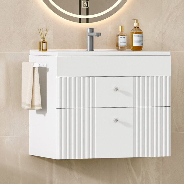 600 mm Bathroom Vanity Unit, Wall Mounted Vanity Bathroom Unit with Ceramic Basin, Floating Bathroom Sink Cabinet with 2 Drawers, White