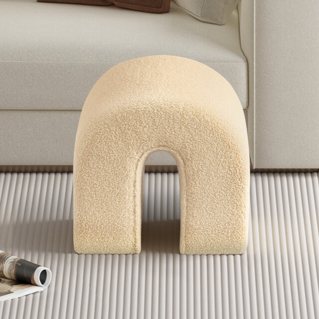 Teddy Fleece Ottoman, 45cm Arched Footstool, Boho Accent Stool for Living Room/Bedroom