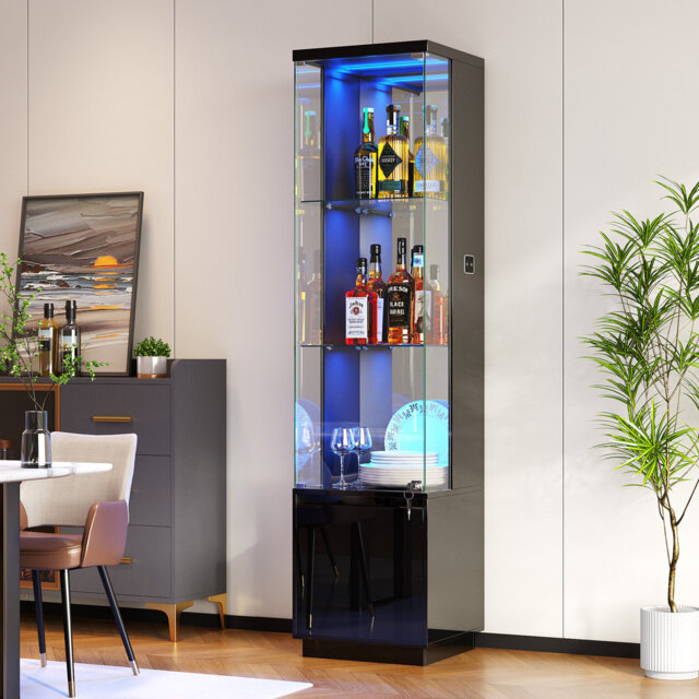 Glass Display Cabinet with 3 Color Led Lights, Wine Cabinet with Lock