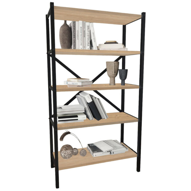 5-Shelf Wood Bookcase Unit With Metal Frame Home Décor Storage and Shelving