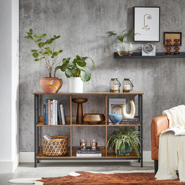 Bookcase with 2 levels, bookcase with 6 compartments, for living room, bedroom, study, kitchen, 33 x 120 x 80cm, vintage brown-black