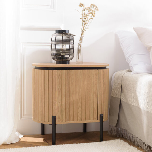 Brown Bedside Table 1 Door Retro Style Black Pine Metal Feet