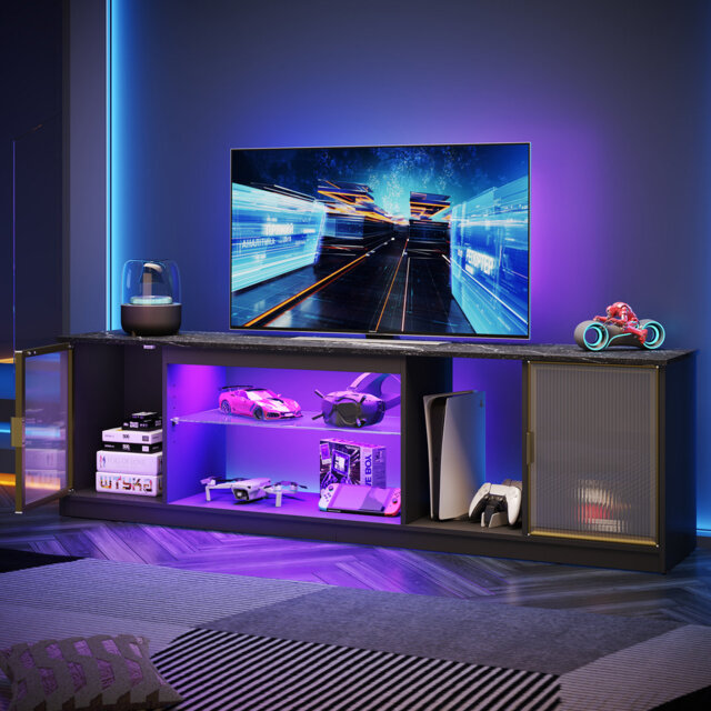 "70"" Modern Tv Stand For Tvs Up To 80 Inch With Led, Adjustable Shelf & Translucent Doors"