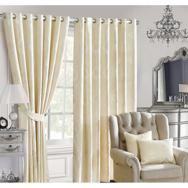 Tonquin Eyelet Jacquard Curtain Pairs 100%Polyester Floral Fully Lined With Tiebacks Beige And Grey