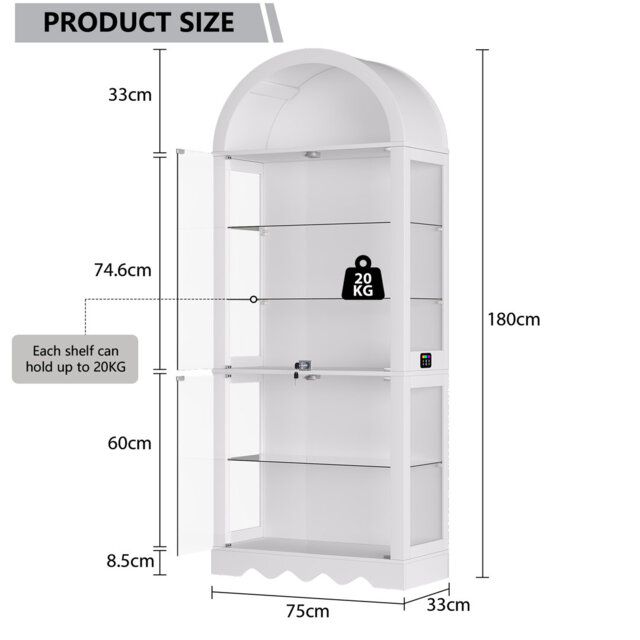 Arched Top Tempered Glass Display Cabinet, RGB Colour Changing LED Lighting Curio Cabinet, Lockable