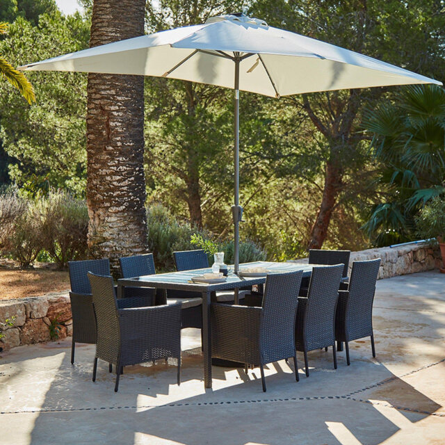 Ahmid 8 Seater Rattan Garden Dining Set with LED Premium Parasol & Cover