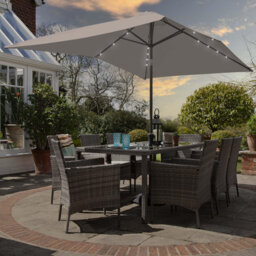 Ahmid 8 Seater Rattan Garden Dining Set with LED Premium Parasol & Cover
