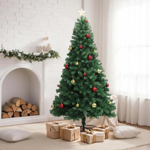 6/7 ft Artificial Christmas Tree with Hinged Branches, Star Tree Topper, Ornaments & Metal Stand, Quick Assemble Artificial Xmas Tree for Home, Office