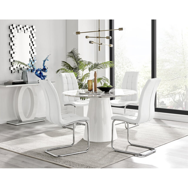 Edzard Statement Round Dining Table Set in Luxury Marble Effect & 4 Faux Leather Dining Chairs