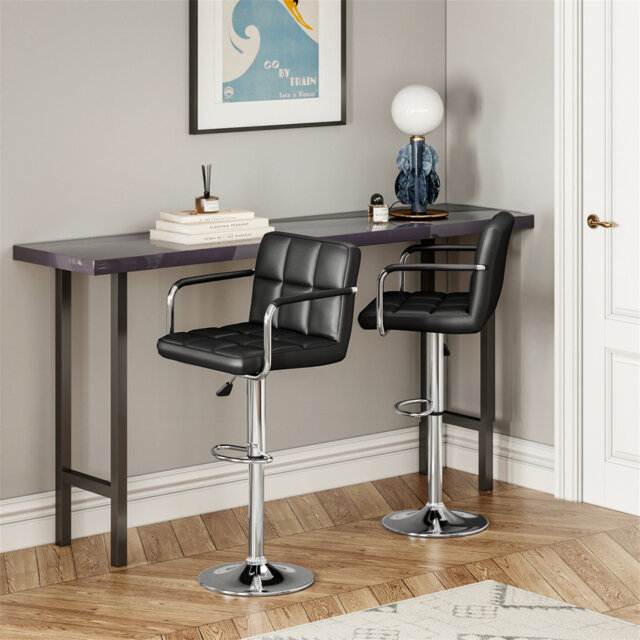 Set Of 2, Breakfast Bar Stool With Armrest And Back Swivel Gas Lift Leather Kitchen Bar Stool