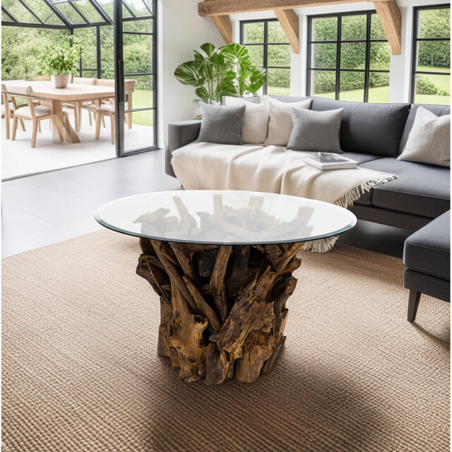 Modern Natural Wood Handcrafted Round Coffee Table Teak Root and Branch Design with Tempered Glass