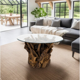Modern Natural Wood Handcrafted Round Coffee Table Teak Root and Branch Design with Tempered Glass