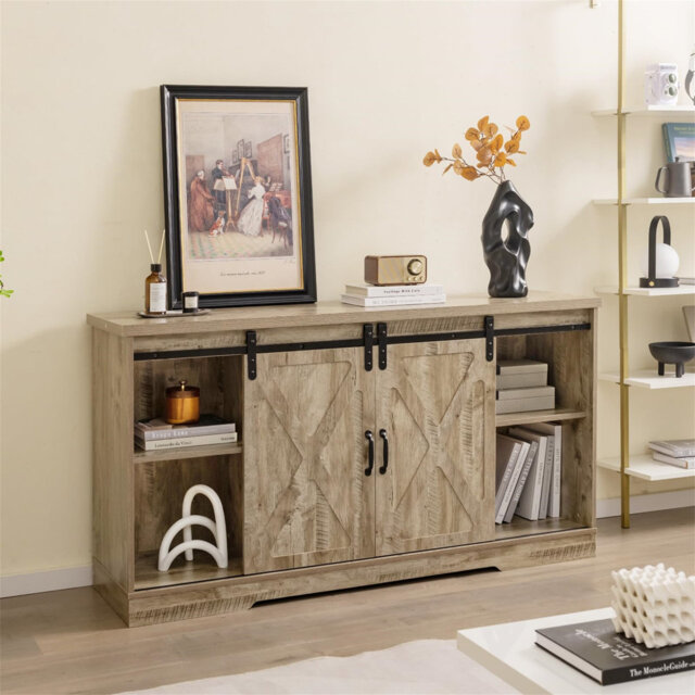 Farmhouse Media Entertainment Center With Sliding Barn Door And Open/Adjustable Storage Shelves, Wooden TV Unit Console Table For Living Room Bedroom