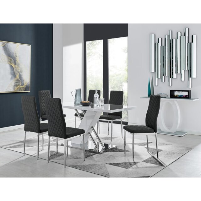 Sorro Cross Luxury High Gloss & Chrome Dining Table Set with 6 Quilted Faux Leather Chairs