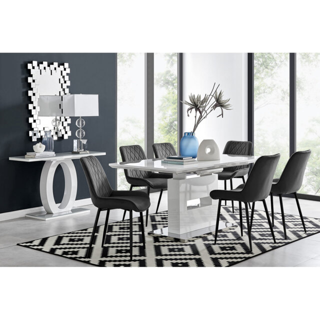 Alezzo Modern High Gloss Extendable Dining Table Set with 6 Luxury Velvet Dining Chairs