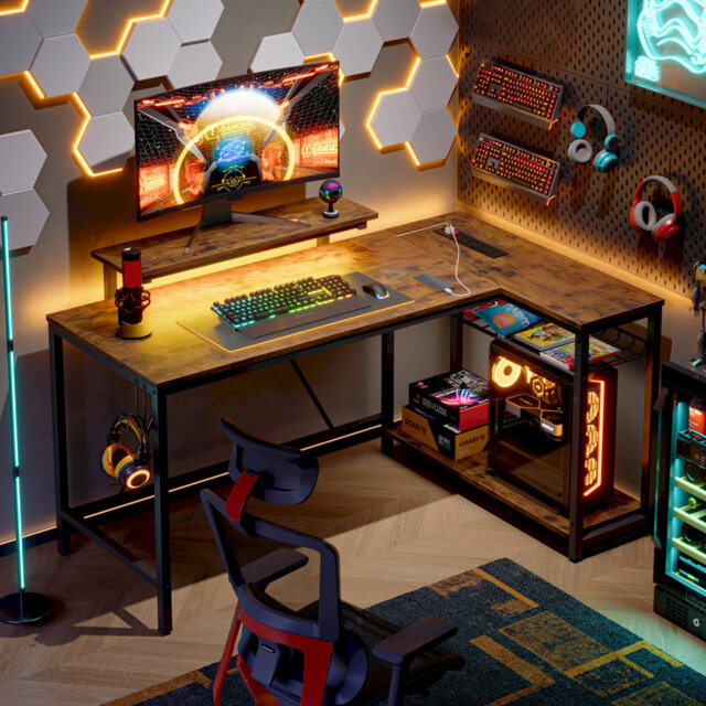 Adran Metal Base L-Shaped Computer Desk with Monitor Stand and Shelves, Gaming Table with Power Out