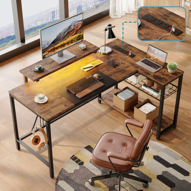 Adran Metal Base L-Shaped Computer Desk with Monitor Stand and Shelves, Gaming Table with Power Out