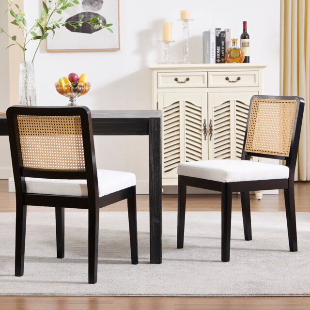 WAHSON Upholstered Seat Dining Chairs With Rattan Back Farmhouse Side Chair For Kitchen/Dining Room