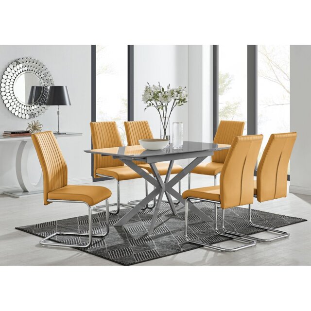 Eubanks Modern High Gloss Extendable Dining Table Set with x6 Luxury Faux Leather Dining Chairs
