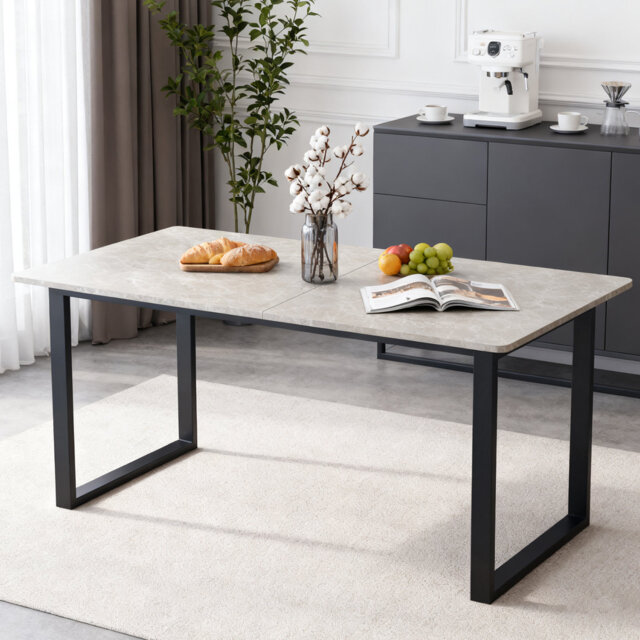 1.5m 6-Seater Scandinavian Grey Marble Look Dining Table – Warm & Cool Options, Angular U-Shape Metal Legs