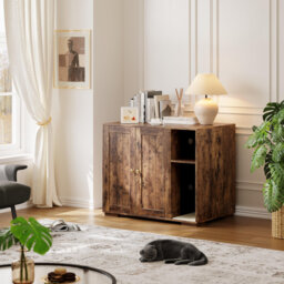 Litter Box Enclosure for Self-Cleaning, Large Cat Cabinet with Power Outlet and Dog-Proof Shelf, Scratching Mat, End Table Design, Compatible with Mos