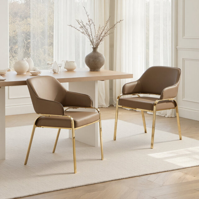 Upholstered Dining Chairs with Armrest, Modern Accent Side Chairs with Gold‑Tone Steel Frame, High‑Density Sponge Padded Seat, Hollowed‑Out Backrest L