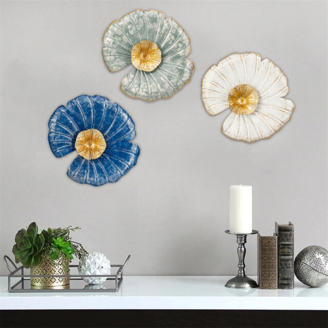 "11"" Gold Wall Décor Pack Of 3 Metal Lotus Leaf Plate Blue White Wall Art Modern Accent Hanging Wall Decorations For Home Office Bedroom Living Room W"