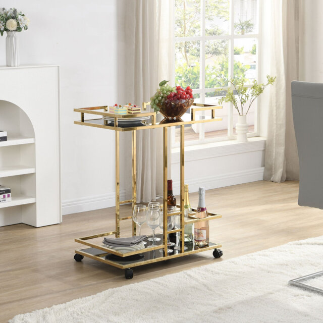 Serving Trolley, Gold, Glass, Metal, 67.5cm, Trolley, Bar Trolley, Bottle Holder