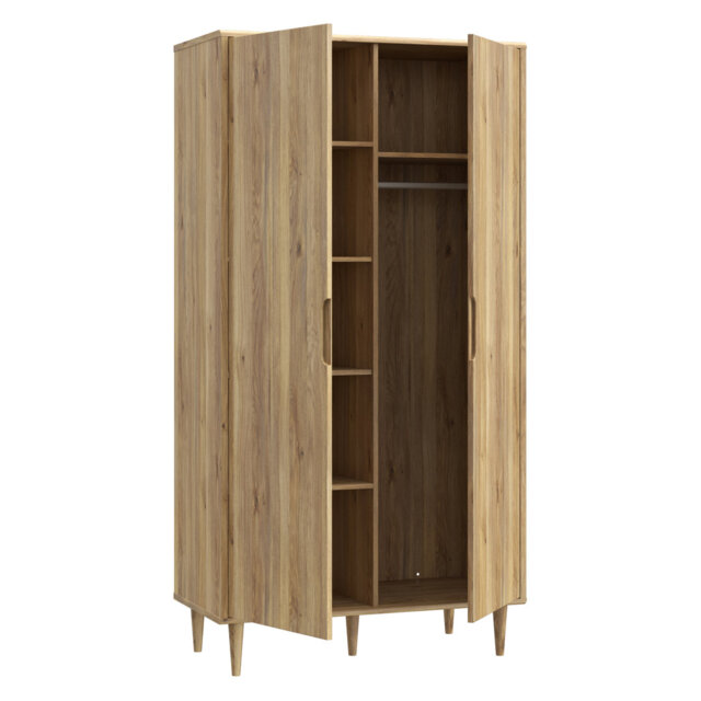 Mid-Century-Modern wardrobe, EasyKlix by Forte quick assembly system, 2 doors, tall feet, engineered wood, oak decor, 104.6 cm W x 201.8 cm H x 52.4 c