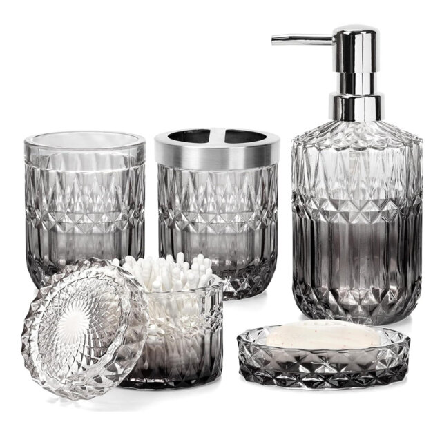 5Pcs Gradient Clear & Black Glass Bathroom Set: Soap Dispenser, Dish, Toothbrush Holder, Tumbler, Swab Jar