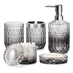5Pcs Gradient Clear & Black Glass Bathroom Set: Soap Dispenser, Dish, Toothbrush Holder, Tumbler, Swab Jar