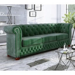 Chesterfield  Sofa 3 Seater Made of Velvet Fabric with Solid Wood Legs