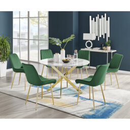 Tierra Modern Chrome Metal & Glass Round Dining Table Set with 6 Luxury Faux Leather Chairs