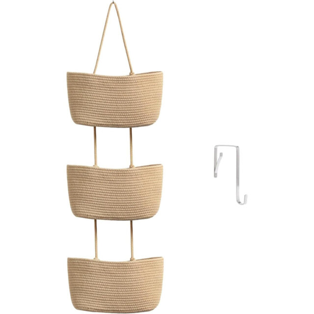 The Door Hanging Basket, 3-Tier Woven Cotton Wall-Mounted Storage Organizer Bag Decorative Hanging Kitchen Baskets - Khaki