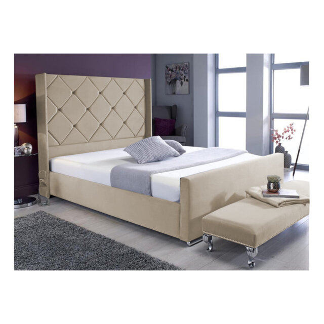 Descanso Chesterfield Velvet Upholstered Bed Frame - Buttoned Headboard, Chrome Feet