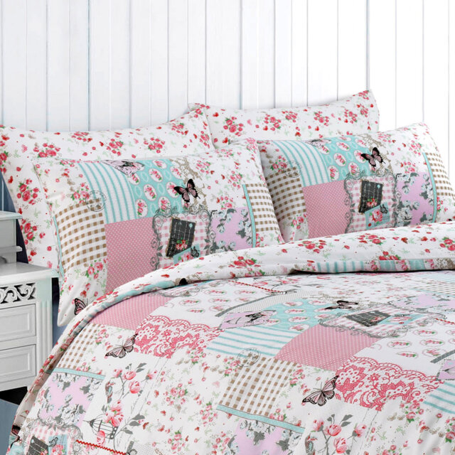 Luxury Printed Boutique Bird Floral Pink Duvet Cover & Pillowcase Set