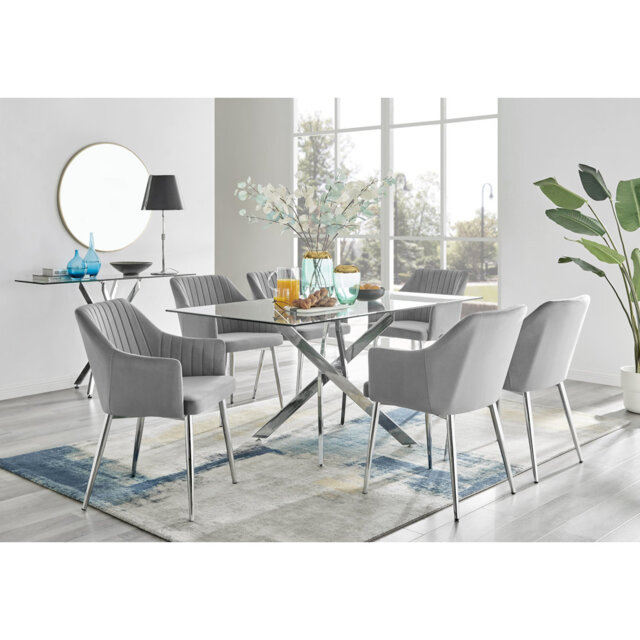 Lenworth Chrome and Glass Rectangular Dining Table Set with 6 Luxury Modern Velvet Chairs
