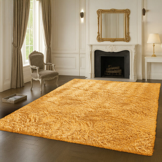 PLUSH Fluffy Shag Area Rug - Rich Ochre Yellow Faux Fur - Bohemian, Cozy & High-Pile