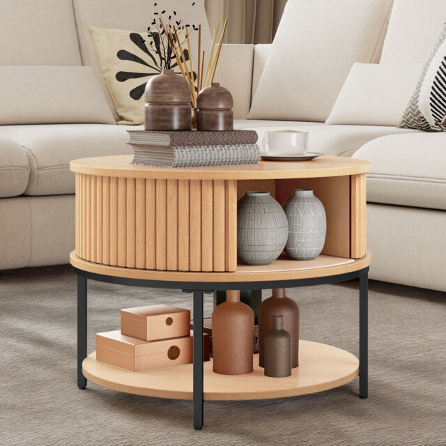 Round Coffee Table With 2-Tier Storage, Fluted Coffee Table With Tambour-Design Sliding Doors For Living Room
