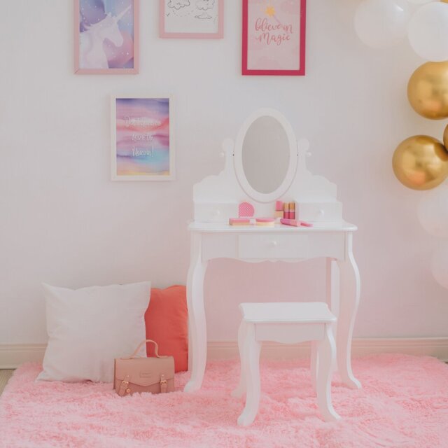 Teamson Kids Little Princess Rapunzel Vanity with Mirror, Drawers and Stool, White