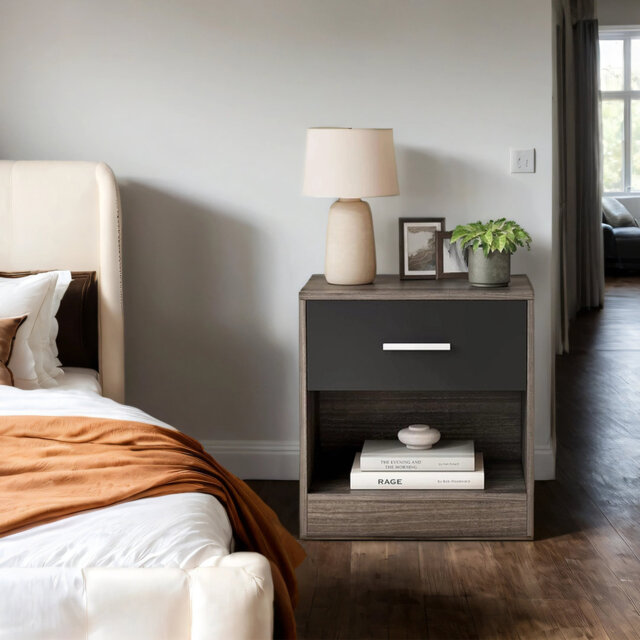 Bedside Table, Side Table with Drawer, Handle, Open Compartment