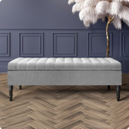 Safar Striped Ottoman Storage Bench – Upholstery Plush Velvet Shoe Bench with Black Turned Wooden Legs