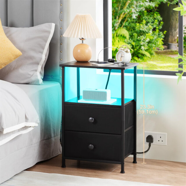 Bedside Table Set Of 2 With Charging Station, Small Side Table With LED Light, Nightstand With 2 Fabric Drawers And Open Storage Shelf, Bedside Cabine