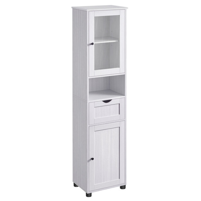 Space Saving Tall Slim Freestanding Bathroom Cabinet with Open Shelf Glass Door Water Resistant Feet