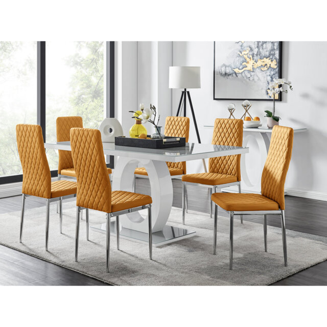 Scottsmoor High Gloss Halo Dining Table Set & 6 Luxury Faux Leather Dining Chairs - Modern Design