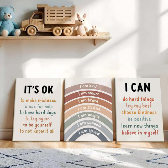 40*30,3-Pcs Children's Motivational Quotes Canvas Framed Wall Art: I Am Kind And Brave Wall Decor Artwork.