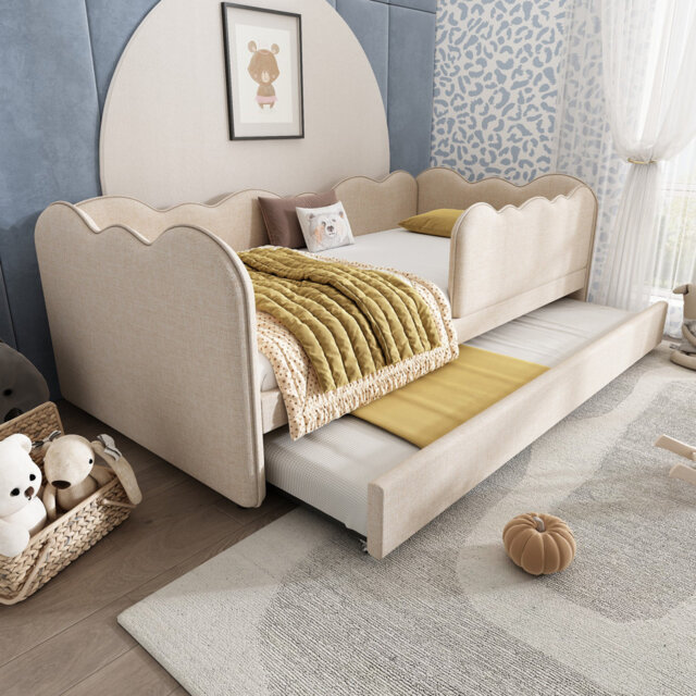 Linen 3FT Single Daybed with Pull Out Trundle, L-Shaped Cloud Design, Slatted Frame, No Box Spring, 90x190 cm